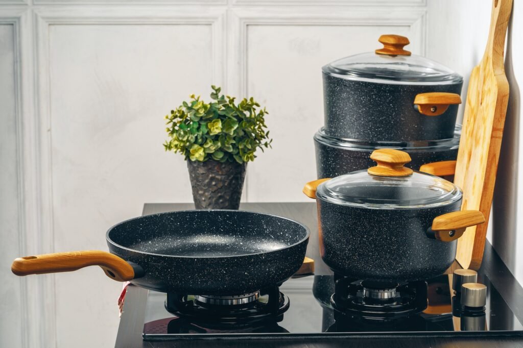 frying pan on the gas stove in a kitchen 2