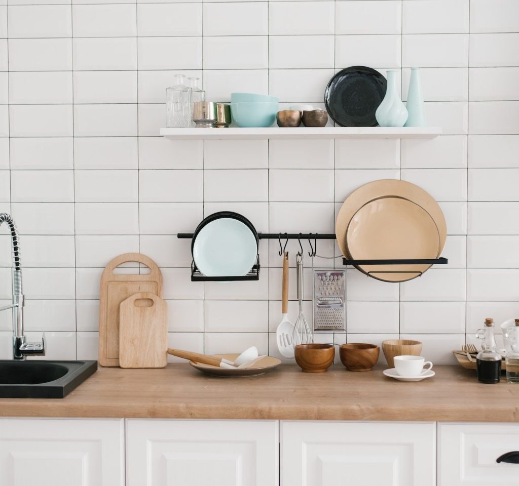 kitchen utensils and utensils in the bright white wooden kitchen 1